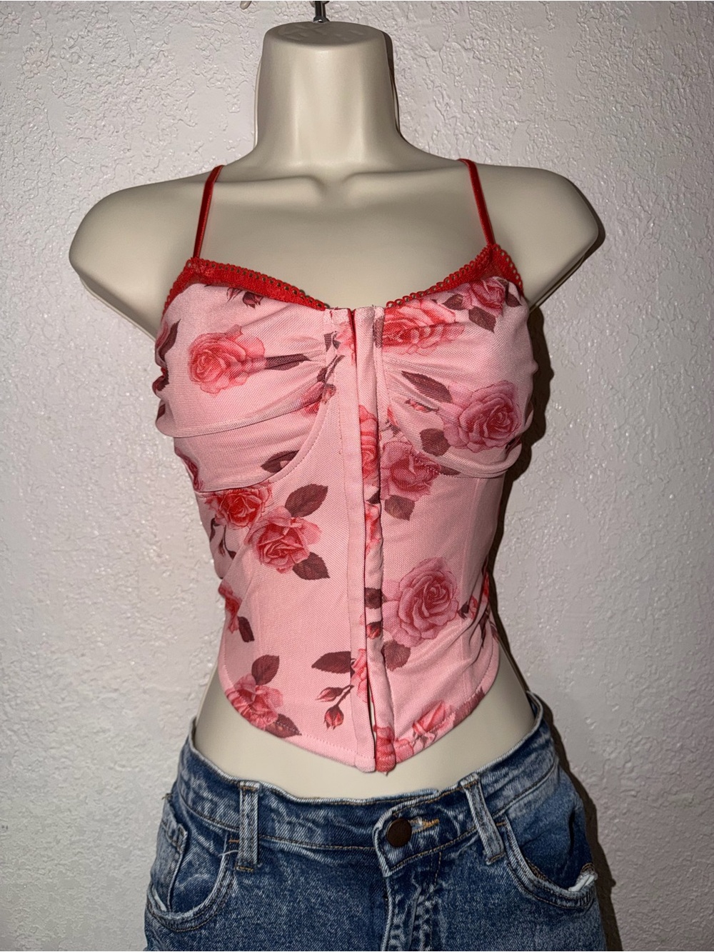 Forever 21 Pink Rose Print Mesh Corset Tank with Red Trim